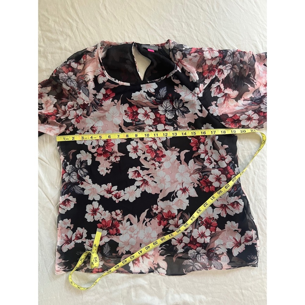 Vince Camuto Floral Chiffon Blouse M Black Pink Sheer Bell Sleeve Layered Top - Picture 6 of 8